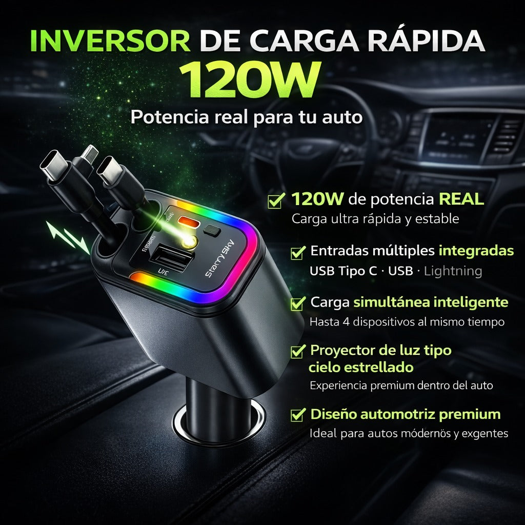 CARGADOR RETRÁCTIL 5 EN 1 CON PROYECTOR DE 120 WATS ☄️⚡ TURBOVOLT PRO 🚘