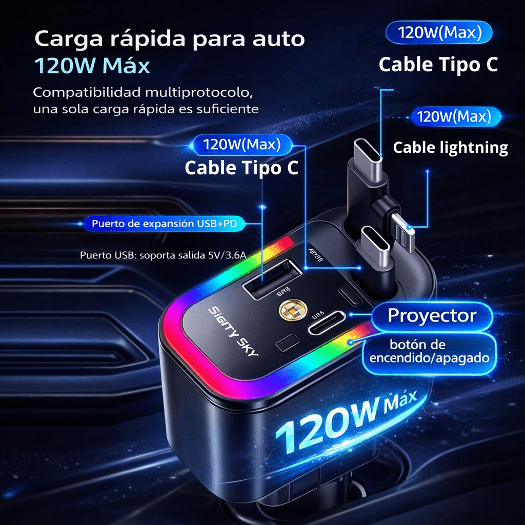 CARGADOR RETRÁCTIL 5 EN 1 CON PROYECTOR DE 120 WATS ☄️⚡ TURBOVOLT PRO 🚘