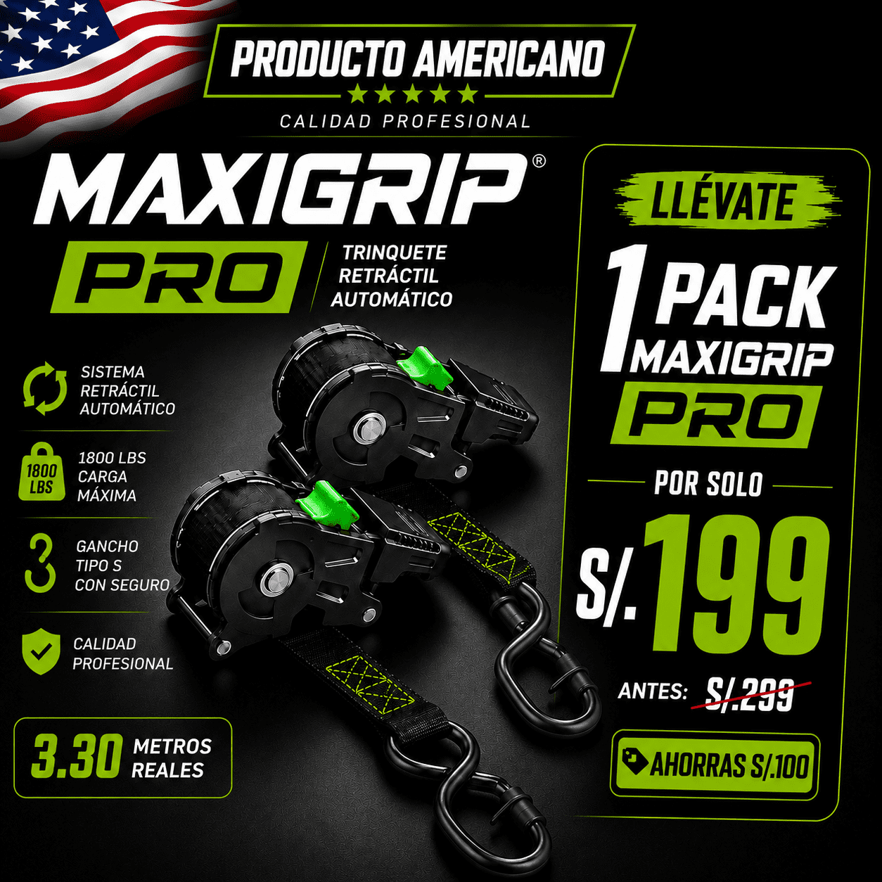 MAXIGRIP PRO – Trinquete con Sistema Retráctil de Alta Resistencia🔒🇺🇸